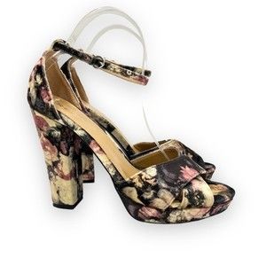 Report Lorna Cottagecore Black Pink Cream Rose Floral Velvet Open Toe Block Heel